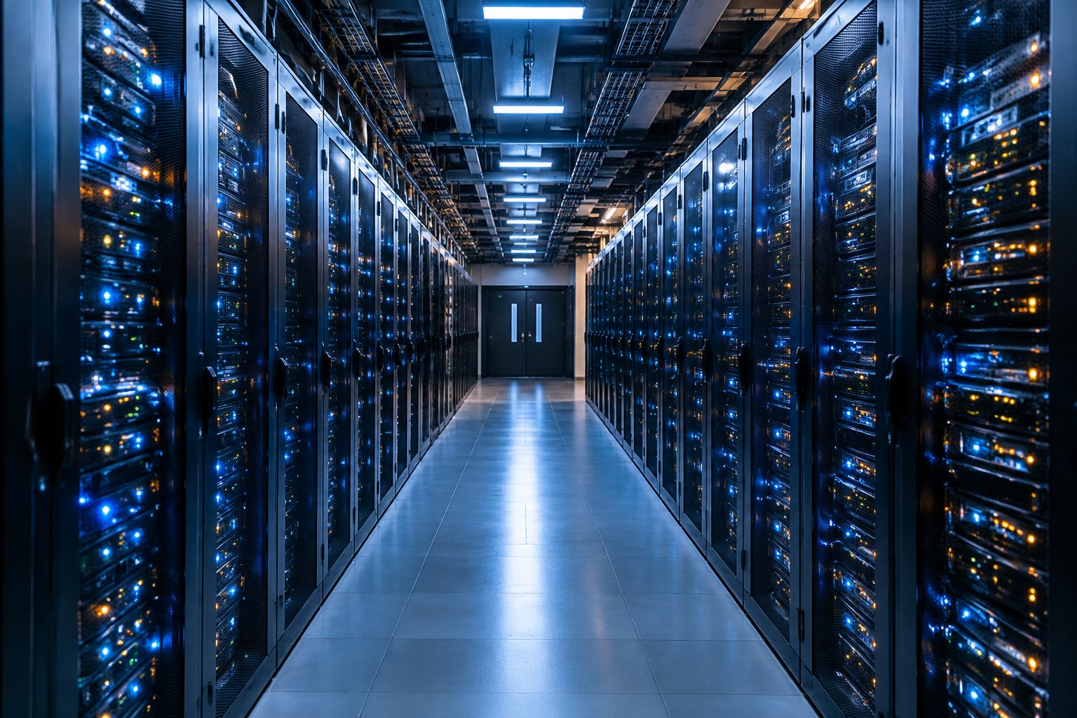 Corridoio di un data center con armadi rack illuminati