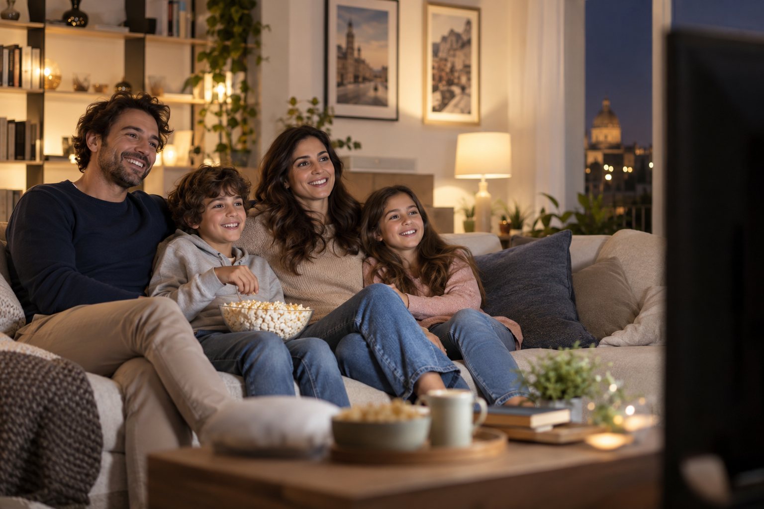 Famiglia che guarda un film in streaming sul divano di casa