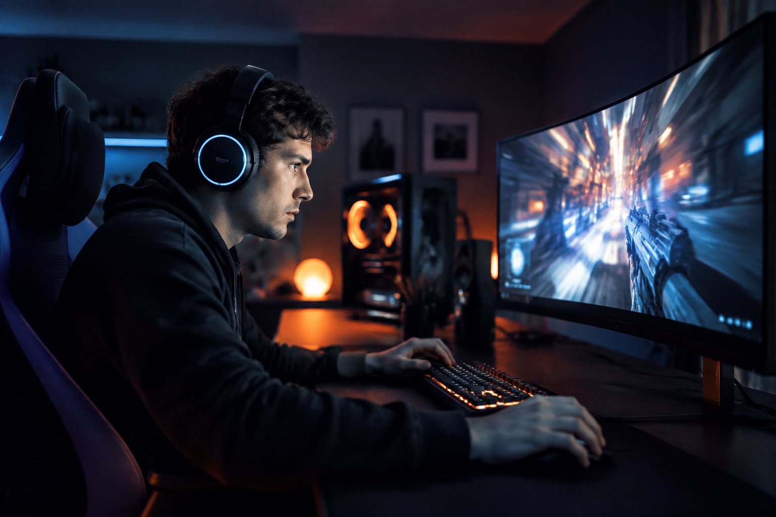 Ragazzo che gioca online davanti a un monitor curvo