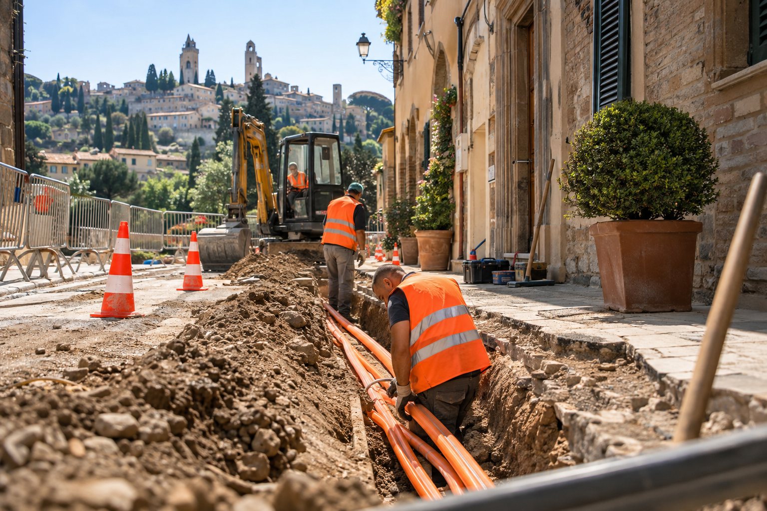 Posa di tubi corrugati per fibra ottica in una via cittadina