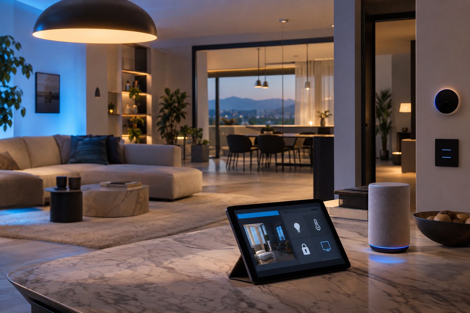 Interno di una casa intelligente con tablet di controllo domotico