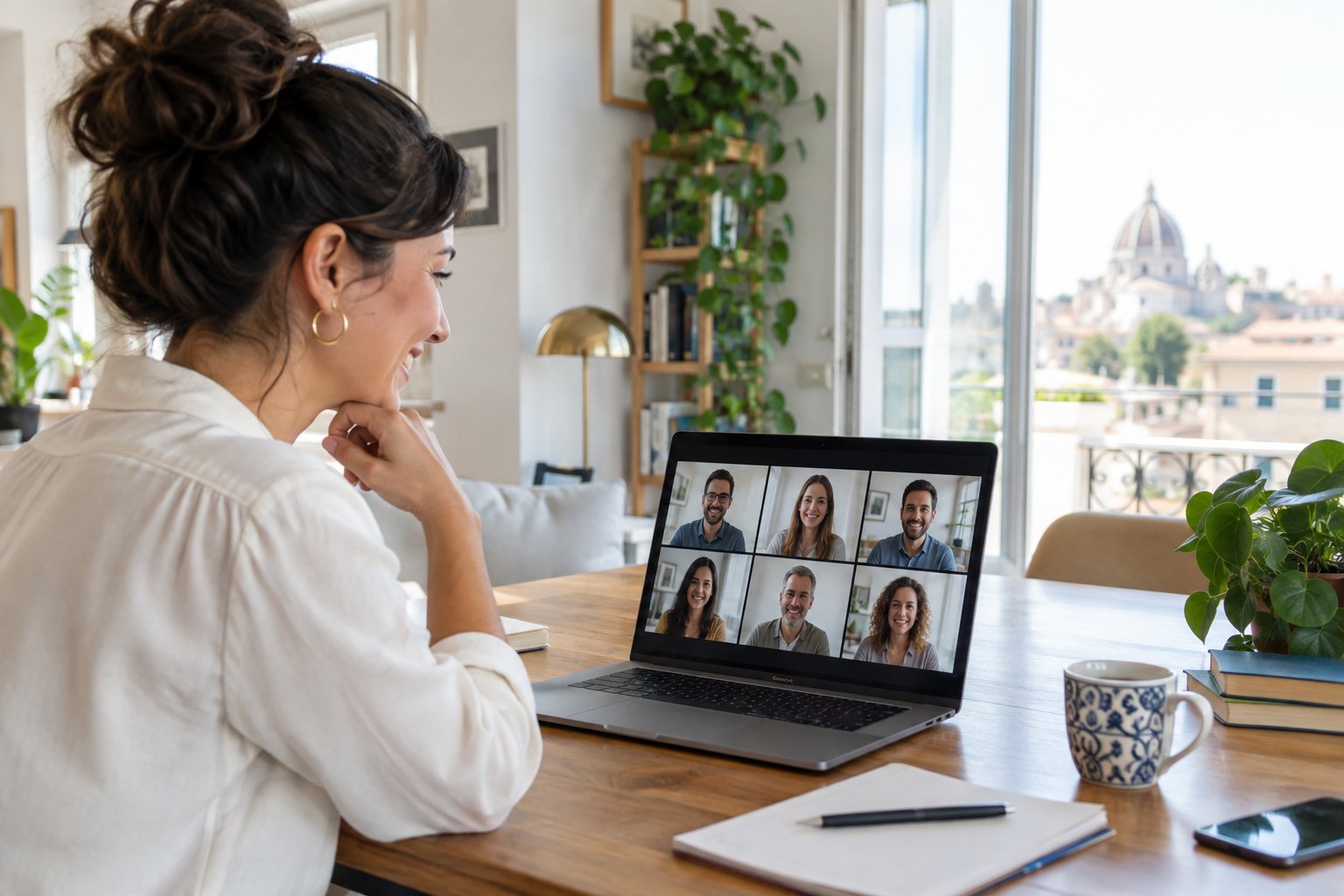 Donna in videochiamata di lavoro dal proprio salotto